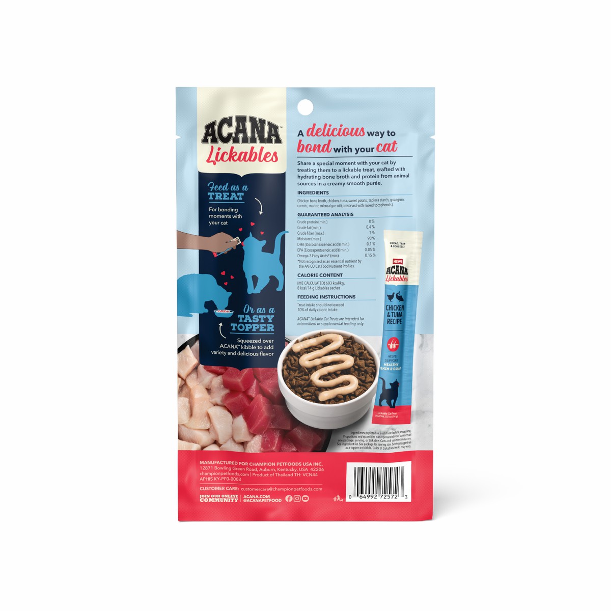 Acana Lickables, Chicken & Tuna, Cat Treats Grain Free Cat Food Lickable Treats 2.5oz*5 | 560379BJP