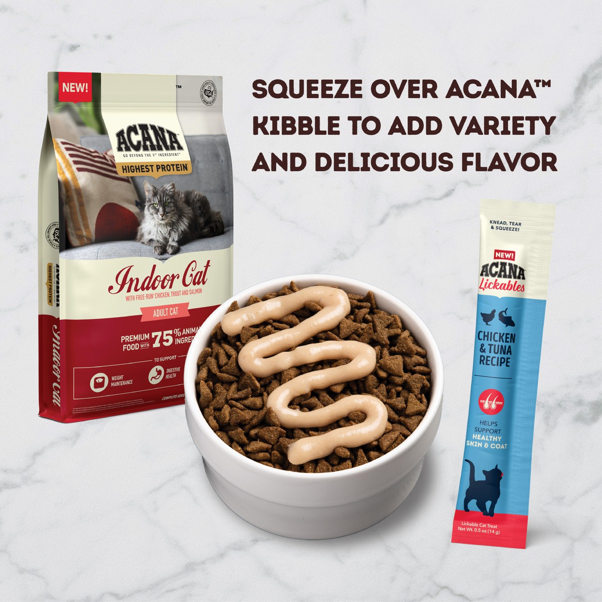 Acana Lickables, Chicken & Tuna, Cat Treats Grain Free Cat Food Lickable Treats 2.5oz*5 | 560379BJP